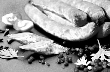 Tasty sausages and vegetables isolated over solid background. Pencil sketch illustration