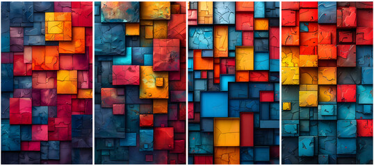 A set of colorful image of squares with a blue square in the middle. The squares are of different colors and sizes - obrazy, fototapety, plakaty