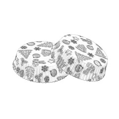 Flat white paper baking forms for muffins and cupcakes with New Year holiday pattern. Hand drawn pencil sketch illustration