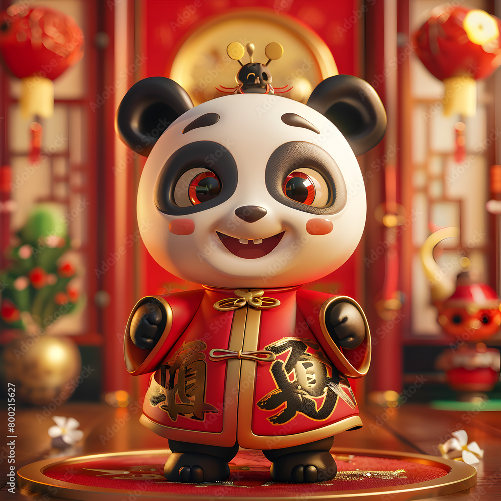 Poster a panda wearing a red and gold outfit stands in front of a clock. the panda is smiling and he is hap