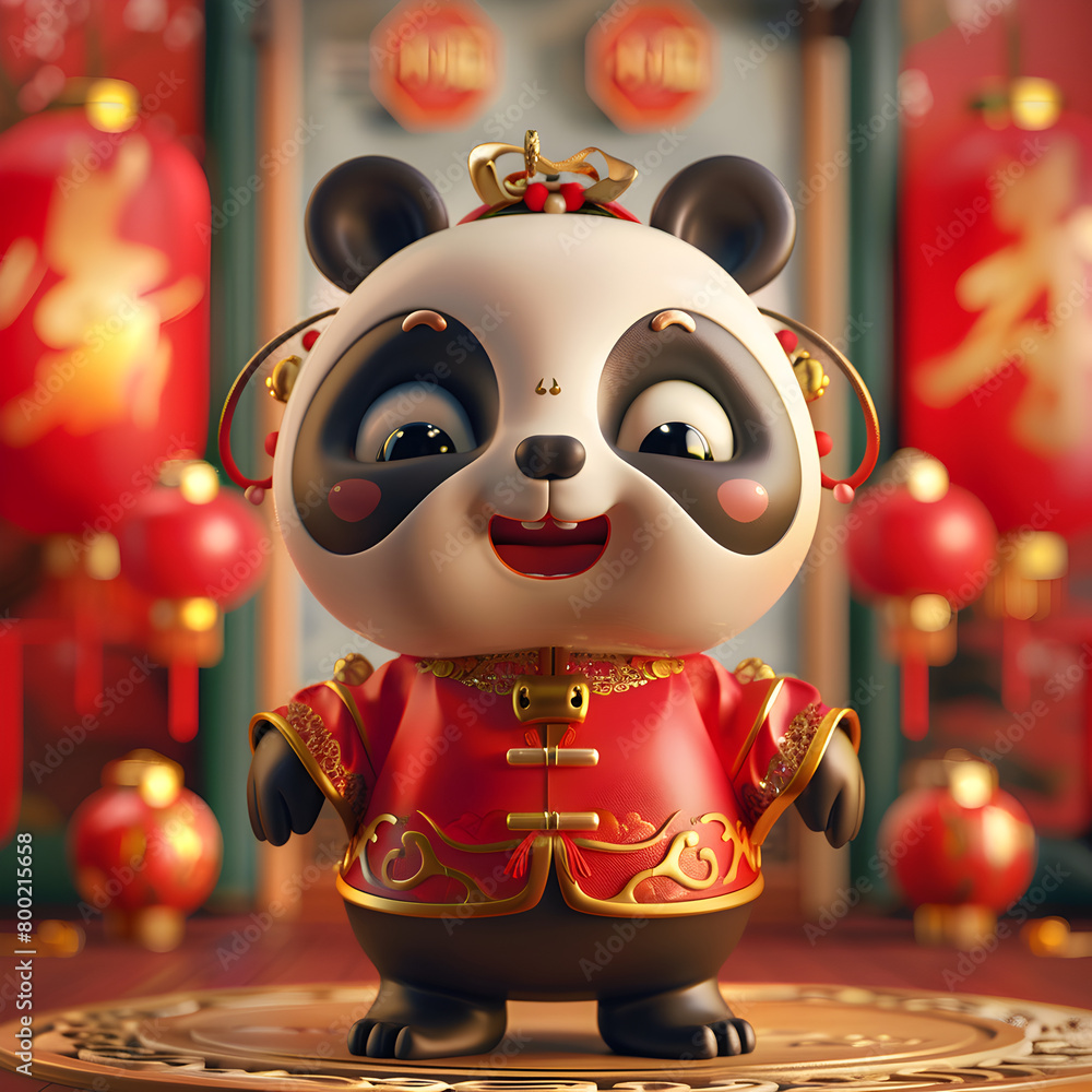 Poster a panda wearing a red and gold outfit stands in front of a clock. the panda is smiling and he is hap