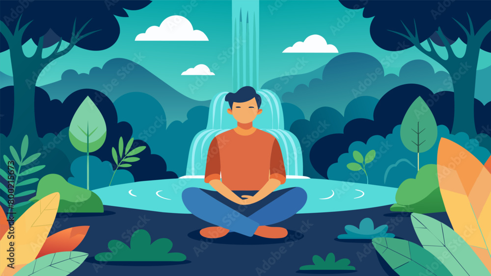 Poster a peaceful depiction of a man finding inner peace and stillness while meditating in a lush garden wi
