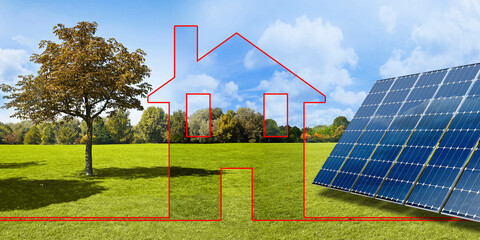 Ground-mounted photovoltaic system in a rural scene with home icon concept