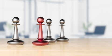 Red pawn chess piece standing out of the group. Leadership, business, team, and teamwork concept