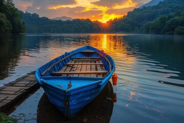 Fototapeta premium A tranquil scene with a blue rowboat moored to a wooden dock, overlooking a calm lake as the sun sets