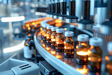 SARS-COV-2 COVID-19 Coronavirus Vaccine Mass Production in Laboratory, Bottles with Branded Labels Move on Pharmaceutical Conveyor Belt in Research Lab. Medicine Against SARS-CoV-2
