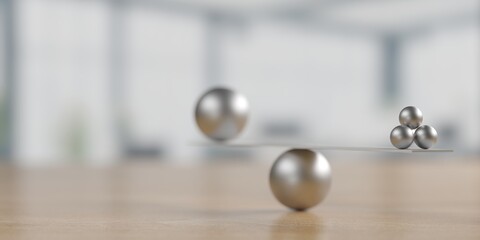 Balance concept. Metal scale with different balls - obrazy, fototapety, plakaty