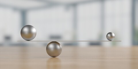 Balance concept. Metal scale with different balls