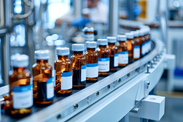 SARS-COV-2 COVID-19 Coronavirus Vaccine Mass Production in Laboratory, Bottles with Branded Labels Move on Pharmaceutical Conveyor Belt in Research Lab. Medicine Against SARS-CoV-2

