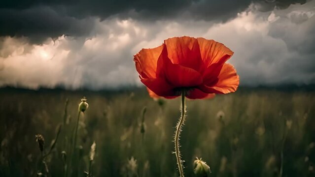 Single red poppy in field beneath heavy storm clouds