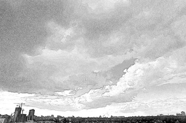 Storm over the city. Hand drawn pencil sketch illustration