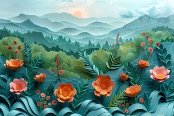 An intricate paper art style landscape featuring a sunrise, mountains and detailed colorful flowers