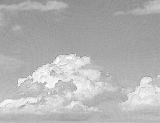 White and grey cumulus clouds background over the blue summer sky background. Hand drawn pencil sketch illustration