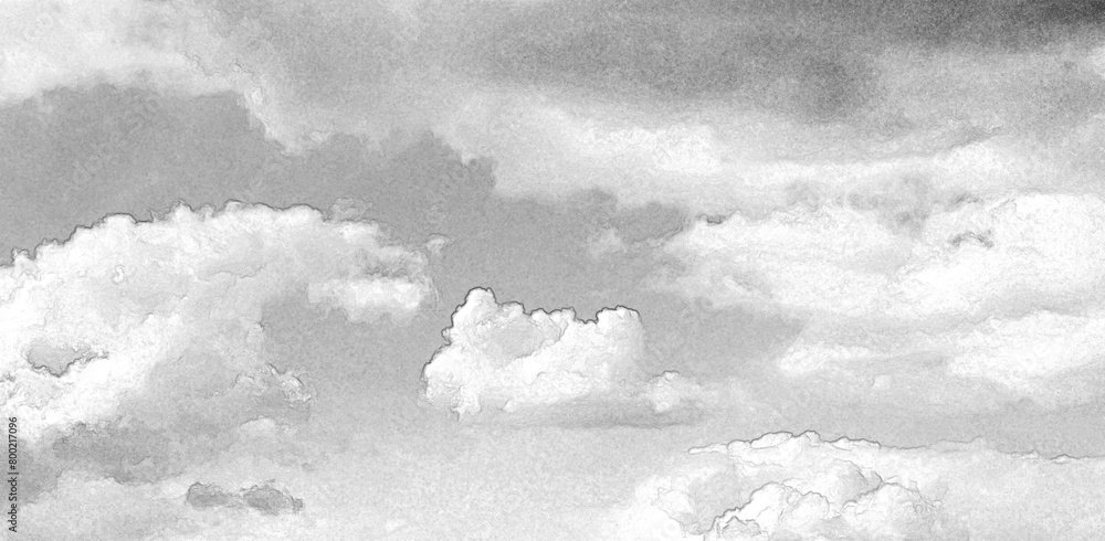 Wall mural white cumulus clouds among dark rain clouds. hand drawn pencil sketch illustration