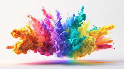 Festival of Color 3d Paint Explosion, colorful rainbow holi paint exploding, isolated on solid colour wide angle background.