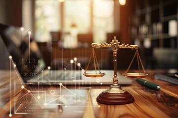 Smart law, legal advice icons and lawyer working tools in the lawyers office showing concept of digital law and online technology