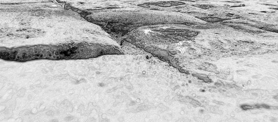 Road pavement made of stones, close view black and white background. Pencil sketch drawing illustration