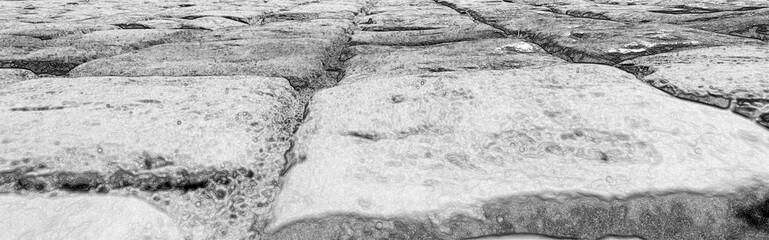 Road paved with old stones black and white background. Pencil sketch drawing illustration