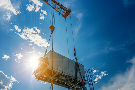 Industrial Crane operating and lifting an electric generator against sunlight and blue sky
