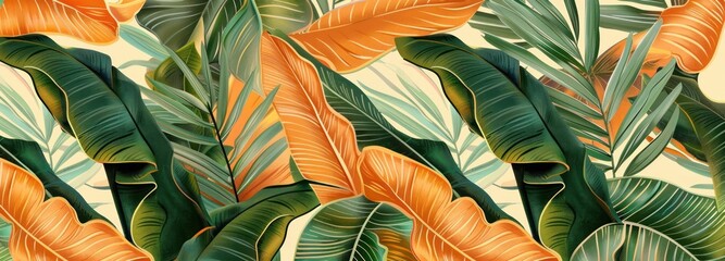tropical orange banana leaves and green palm leaves luxury exotic pattern dand-drawn glamorous cloth fabric illustration