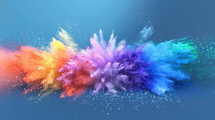 Festival of Color Powder Explosion, colorful rainbow holi powder exploding, isolated on solid colour wide angle background.