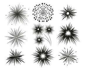 Set of firework icons. Fireworks with stars and sparks isolated on white background. Design template for celebrating concept, greeting cards, banners. Vector Illustration.