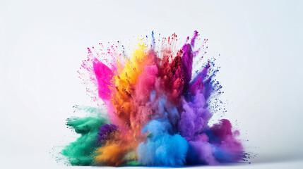 Festival of Color Powder Explosion, colorful rainbow holi powder exploding, isolated on solid colour wide angle background.