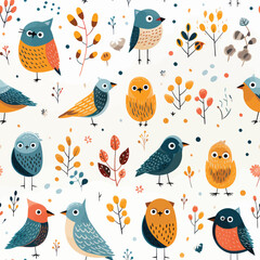 Seamless pastel pattern of birds with floral elements on dot background.