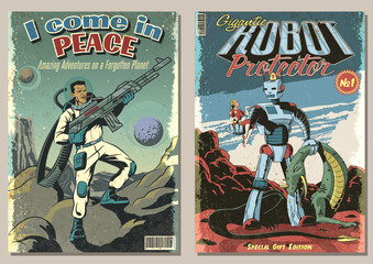 Retro Fantastic Comic Book Covers Style Illustrations. Peacemaker, Giant Robot, Beauty, Extraterrestrial Monster. Retro Colors, Aged Texture Pattern 