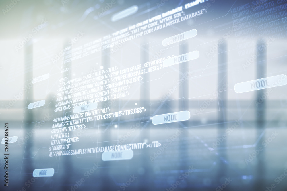 Poster multi exposure of abstract graphic coding sketch on modern interior background, big data and network