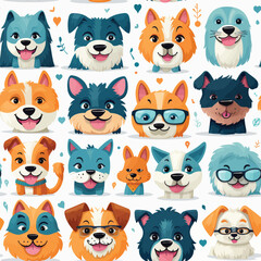 Obraz premium Funny dog animal crowd cartoon seamless pattern in flat illustration style. Cute puppy pet group background, diverse domestic dogs breed wallpaper.