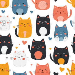 Cat poster. Cartoon cat characters seamless pattern. Different cat`s poses and emotions set. Flat color simple style design