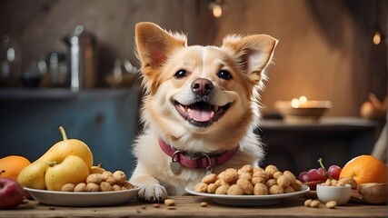 Dog with a happy smile and food