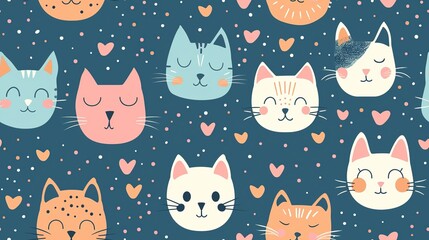 happy baby cat  kitten  smiling animal face with heart  dot pastel soft tone color, seamless pattern  nursery design cartoon style illustration with grungy texture, Generative Ai