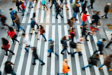 Obraz premium Pedestrian blur, crowd of people walking in a city, panoramic view of people crossing the street 