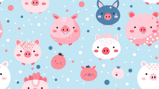happy pig in pink blue tone color, seamless pattern  nursery design cartoon style illustration with grungy texture, Generative Ai