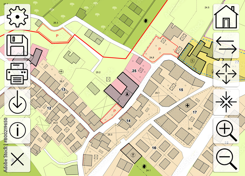 Poster online consultation of cadastral maps and territorial information - concept with an imaginary cadast