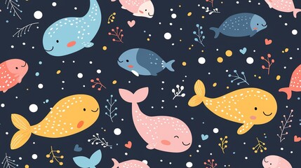 happy whale fish swimming seamless pattern  nursery design cartoon style illustration with grungy texture, Generative Ai