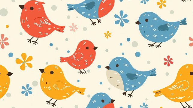 spring birds with flower and tree refreshing positive feeling, seamless pattern  nursery design cartoon style illustration with grungy texture, Generative Ai