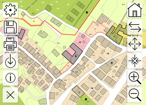 Online consultation of cadastral maps and territorial information - concept with an imaginary cadastral map of territory with buildings, roads and web navigation icons