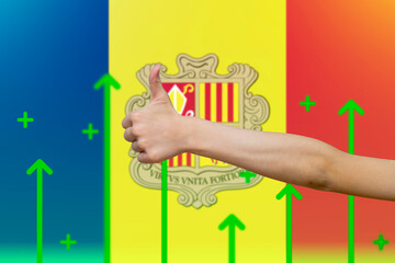 Andorra flag with green up arrows, upward rising arrow on data,  finger thumbs up front of Andorra 