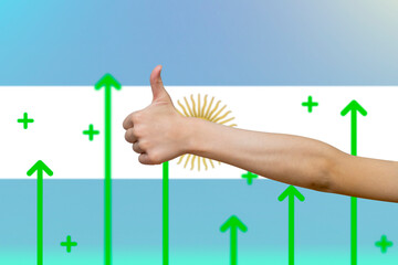 Argentina flag with green up arrows, upward rising arrow on data, increasing values and improving 