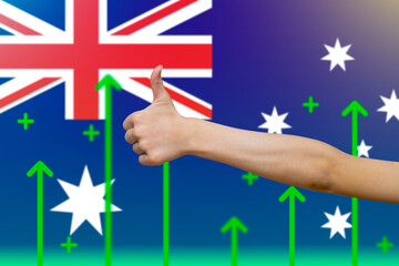 Australia flag with green up arrows, country statistics concept, upward rising arrow on data