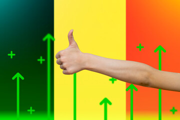 Belgium flag with green up arrows, upward rising arrow on data, increasing values and improving 