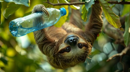 Obraz premium A sloth hanging upside down from a tree, holding a recycled plastic bottle, raising awareness about plastic pollution
