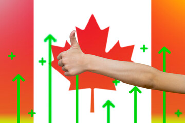 Canada flag with green up arrows, upward rising arrow on data,  finger thumbs up front of Canada 