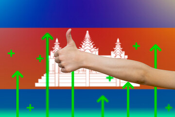 Cambodia flag with green up arrows, upward rising arrow on data, country statistics concept