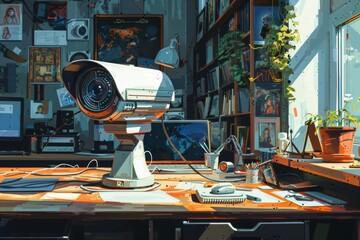 Illustration of a security camera on a table in a room