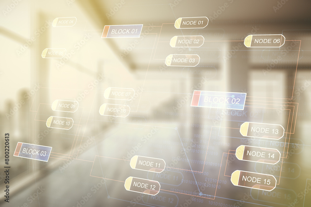 Poster double exposure of abstract programming language interface on empty modern office background, resear