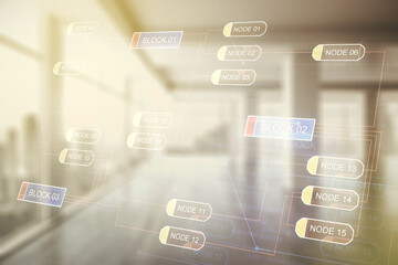 Double exposure of abstract programming language interface on empty modern office background,...